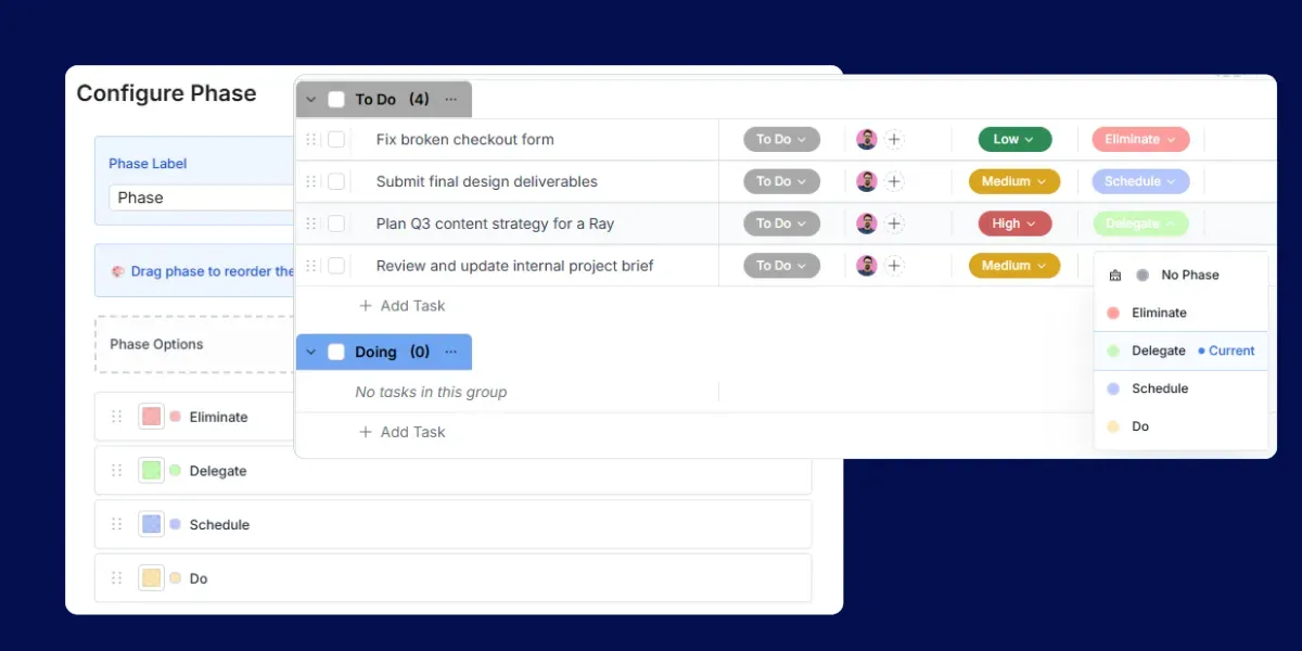 Worklenz phases panel showing four phases named Do, Schedule, Delegate, Eliminate with different colors assigned