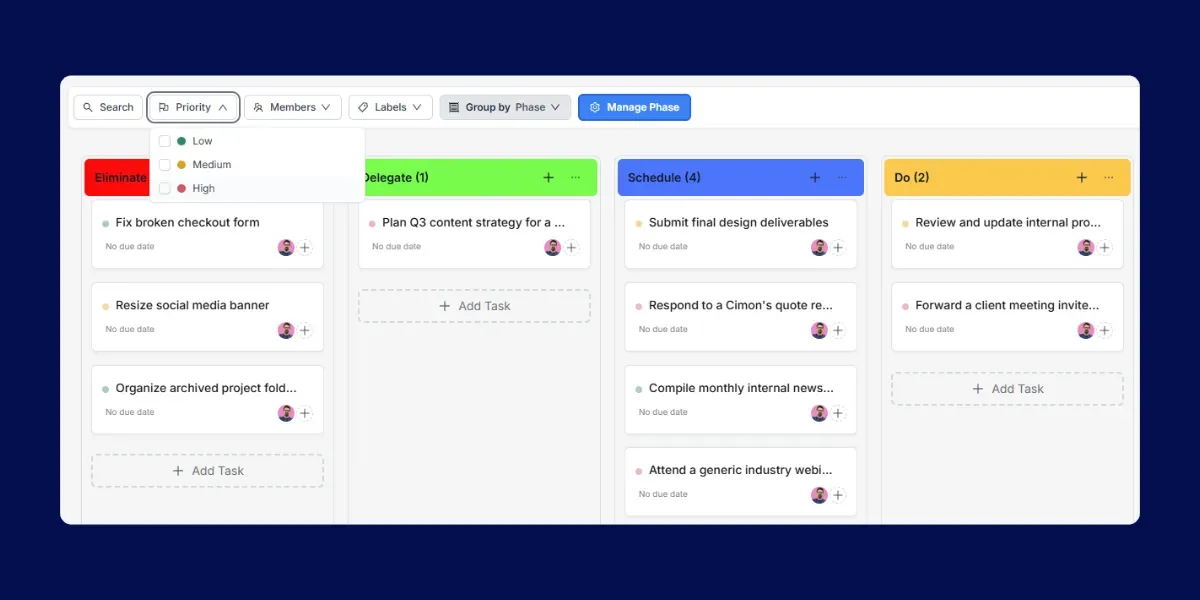 Worklenz Kanban-Board nach Phase gruppiert mit vier Spalten und aktivem Statusfilter, um nur offene Aufgaben anzuzeigen