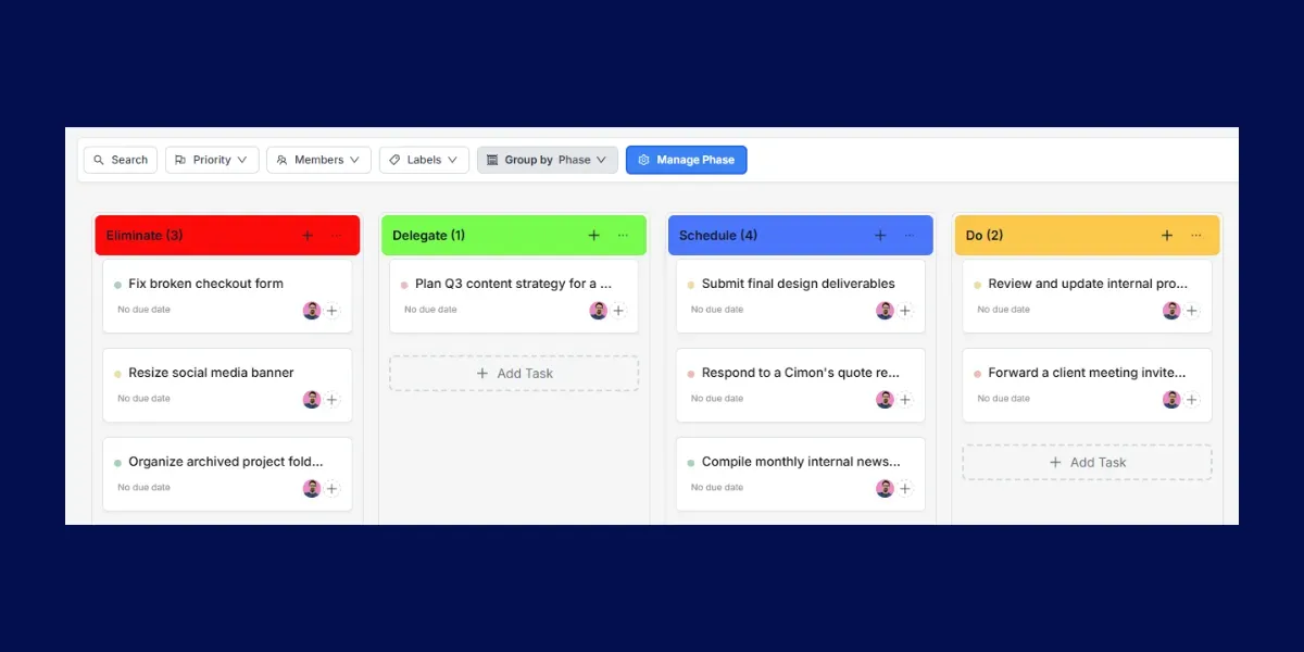 Worklenz Kanban board with a task being dragged from the Schedule column to the Do column