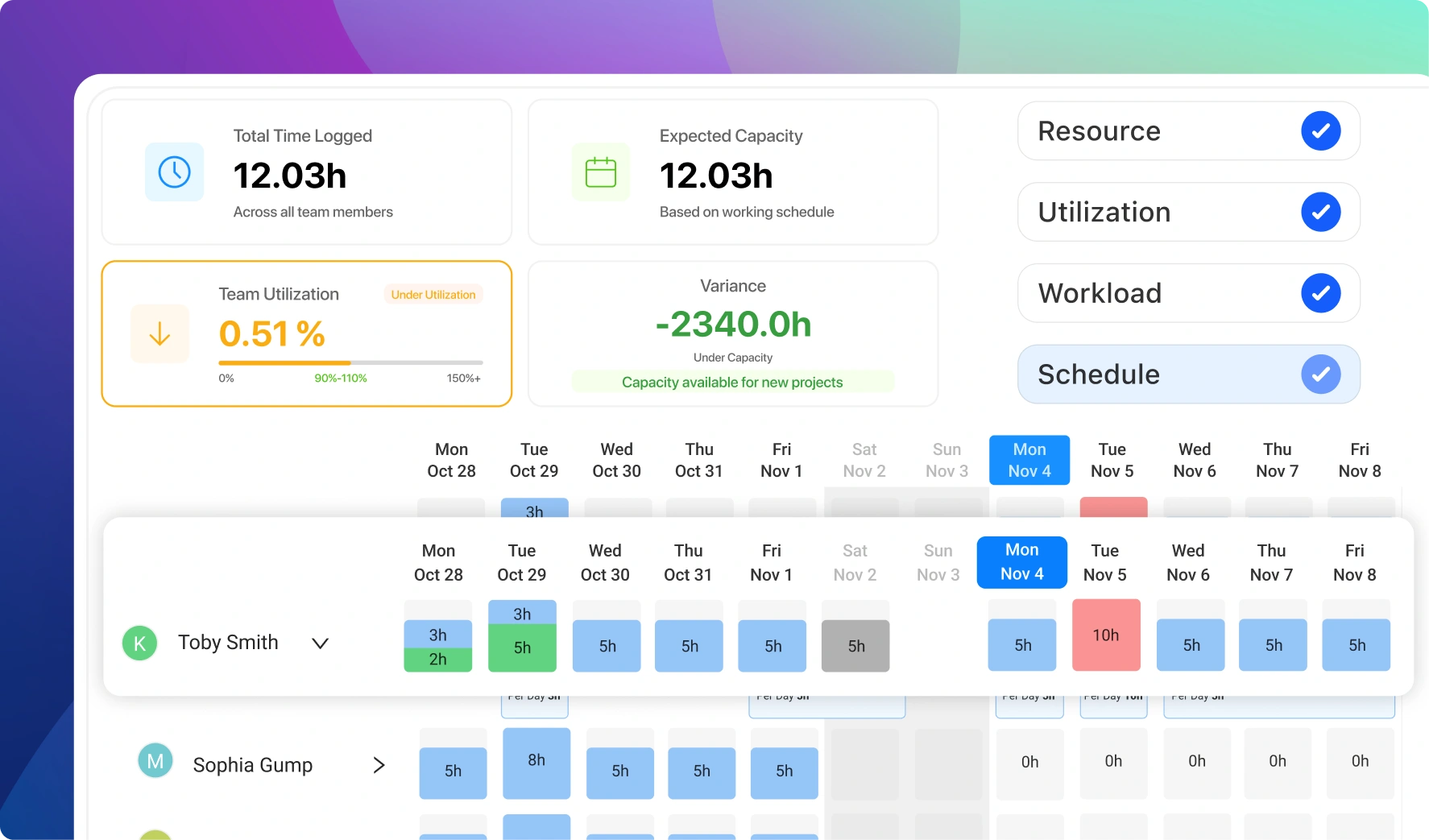 Resource planning calendar with team member allocation and capacity view 